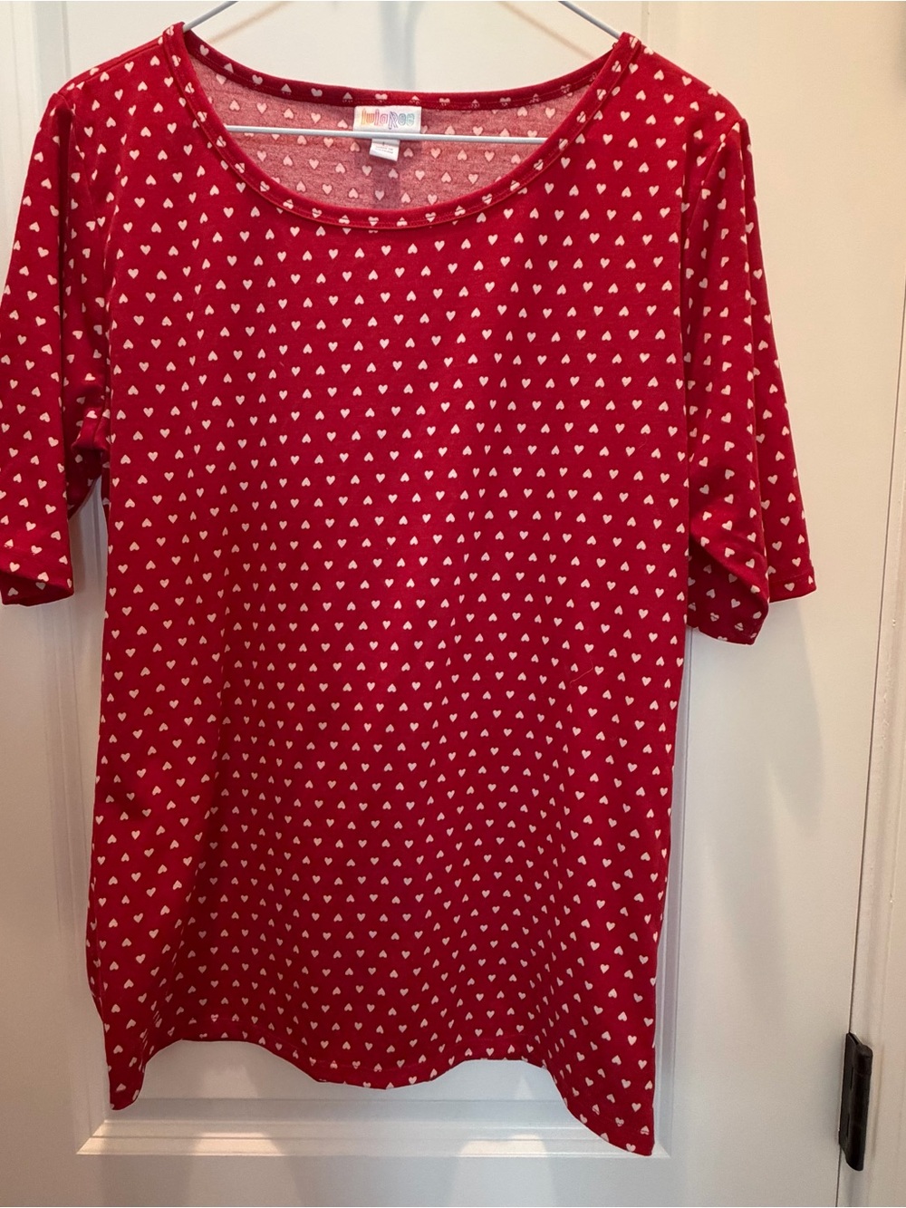 LuLaRoe Red Short Sleeve Top with White Heart Print